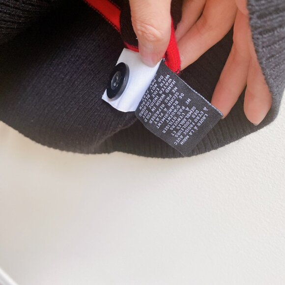 Le Chateau Red Black White Striped roll button neck Knitted Belted Mini Dress - Picture 5 of 6